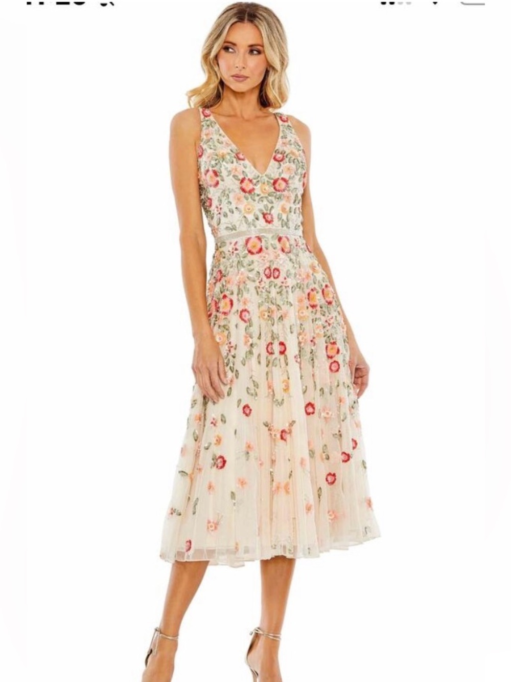 Mac Duggal Women's V-Neck Sleeveless Midi Floral Beaded A-Line Dress Size 4 NWT